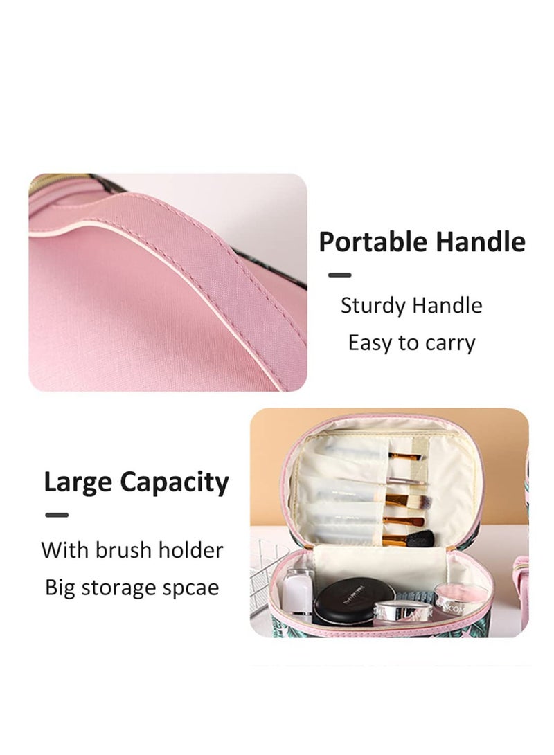SOLARAE Makeup Bag Large Makeup Bag for Women Waterproof Organizer Case with Toiletry Bags Green Leaf Print Cosmetic Bags With Makeup Brush Holder Travel Toiletry Storage Bag (Pink) - Image 2