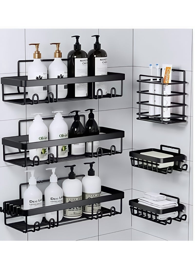 6 Pack Shower Caddy, Adhesive Bathroom Organizer, No Drilling, Large Capacity, Rustproof Stainless Steel Bathroom Shower Organizer with 4 Hooks, Shower Shelf for Inside Shower Black  - Image 1