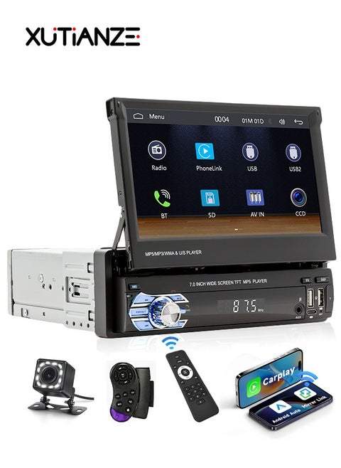 Carplay Car Stereo with Bluetooth 12-LED Lights Reversing Camera, 7-inch Flip Touchscreen Car Radio MP5 Player with Android Auto, Mirror Link, USB, TF, FM Radio, Aux-in, SWC Support