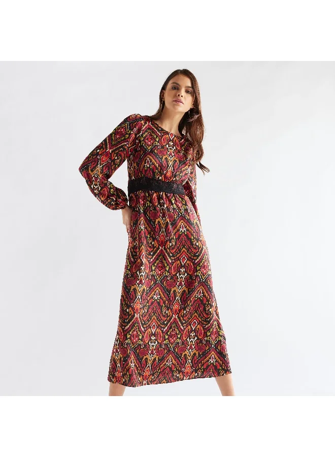 Splash FAV All-Over Print Midi Dress with Lace Detail and Long Sleeves