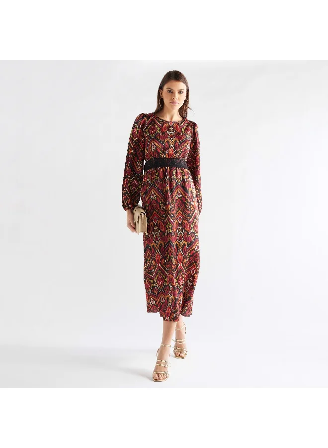 Splash FAV All-Over Print Midi Dress with Lace Detail and Long Sleeves