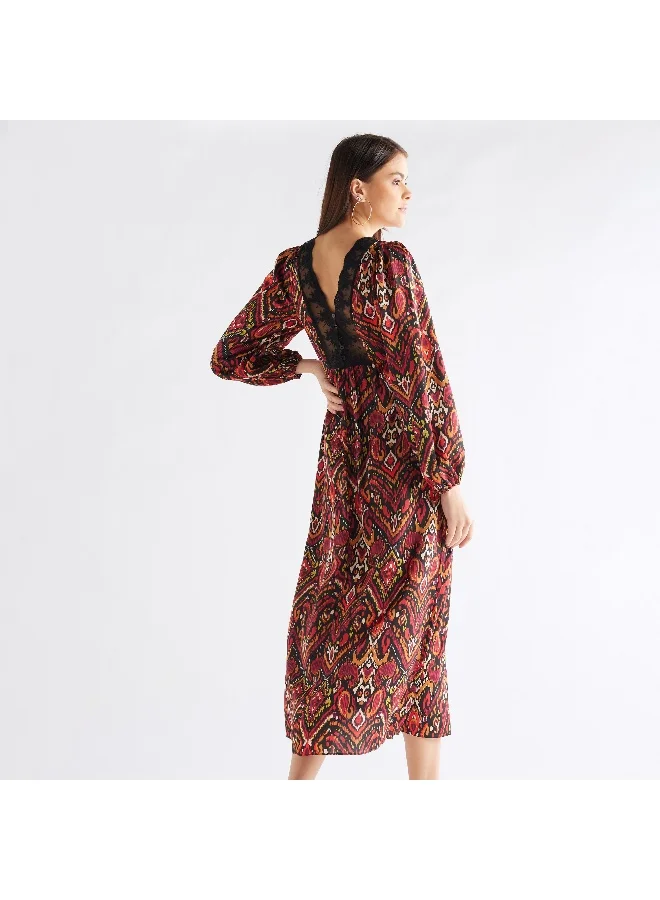 Splash FAV All-Over Print Midi Dress with Lace Detail and Long Sleeves
