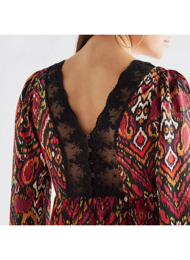 Splash FAV All-Over Print Midi Dress with Lace Detail and Long Sleeves