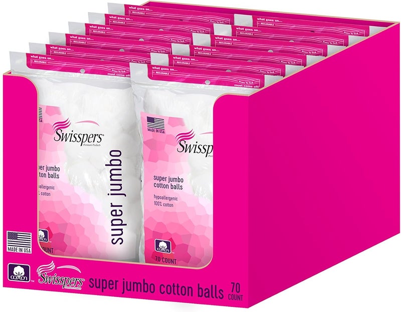 Swisspers Premium 100% Cotton Balls, Hypoallergenic, Super Jumbo Size, 70-Count Bags, 12-Pack (840 Balls Total) - Image 1