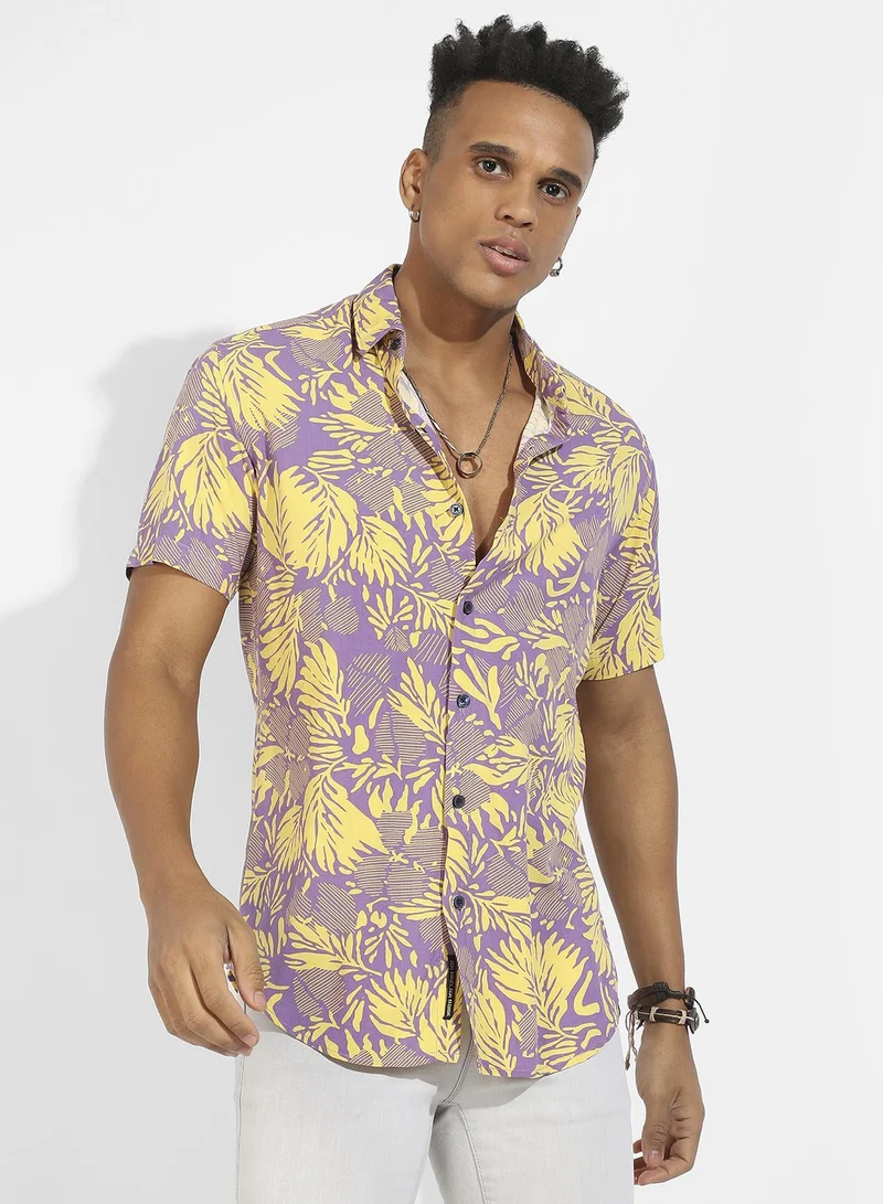 Men's Lavender & Yellow Contrast Foliage Shirt