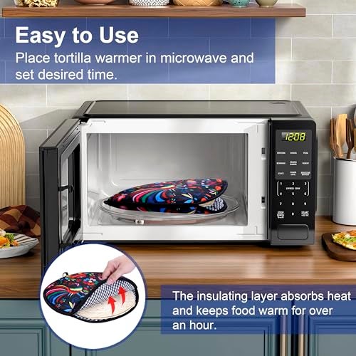 Eichzer 12 Inch Tortilla Warmer, Insulated Cloth Pouch for Tortillas, Tacos, Naan, and Pizza Rolls, Microwavable Fabric Bag Keeps Food Warm for One Hour (Lucky Birds, Black) - Image 4