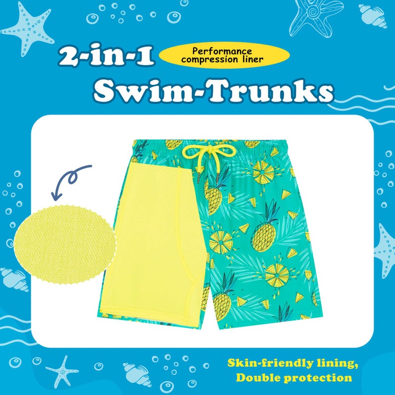 UMELOK Boys Swim Trunks Swimsuit Boxer Brief 2 in 1 Compression Liner Stretch Swim Shorts Quick Dry Beach Bathing Suit Neon Pineapple 5/6 - Image 2