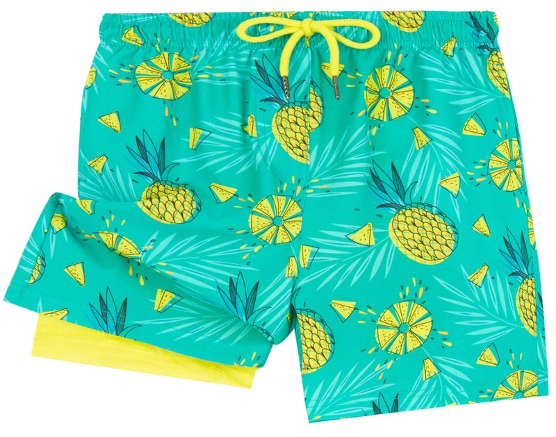 UMELOK Boys Swim Trunks Swimsuit Boxer Brief 2 in 1 Compression Liner Stretch Swim Shorts Quick Dry Beach Bathing Suit Neon Pineapple 5/6 - Image 1
