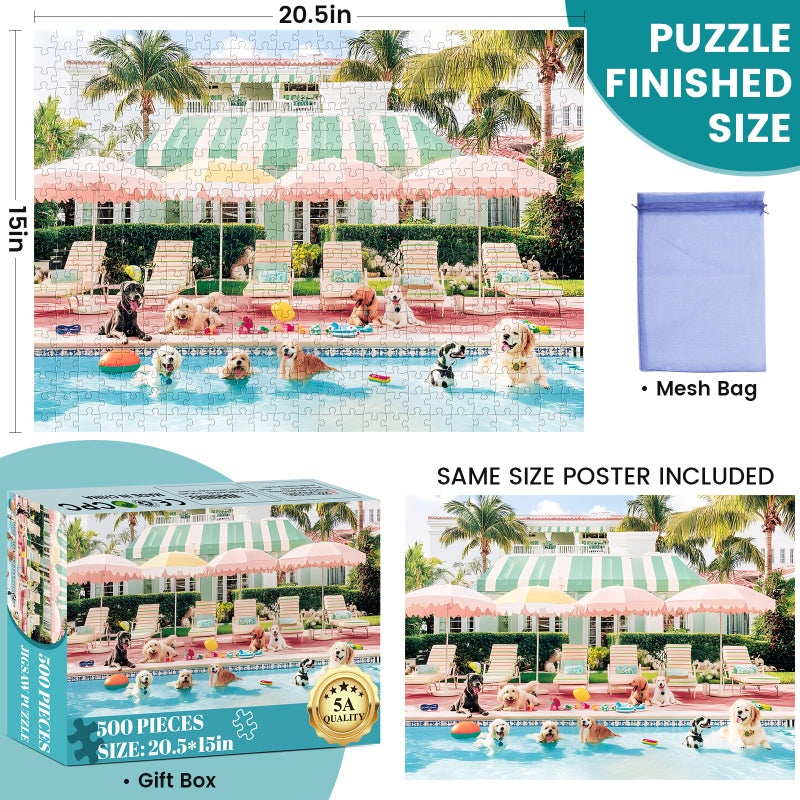 DAGIRT Jigsaw Puzzles 500 Pieces for Adults Puppy Swimming Pool Challenging Jigsaw Puzzle Animal Puzzles Difficult Puzzle Great Gift Jigsaw Puzzle Game 20.5x15 inch - Image 2