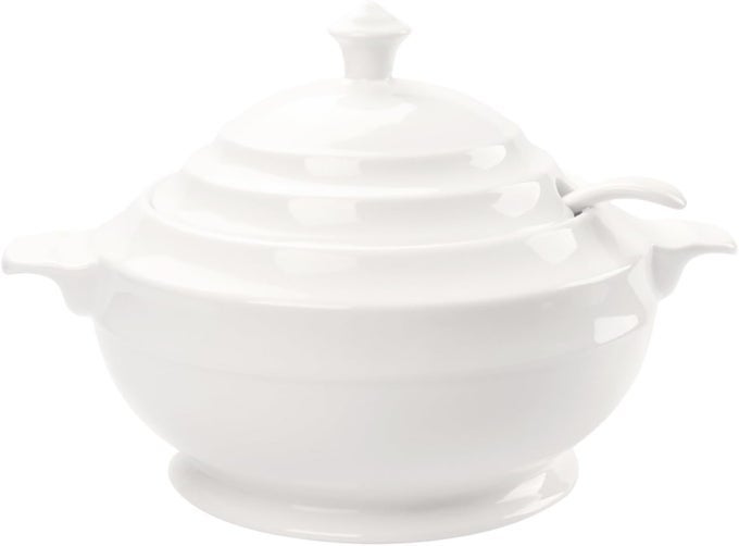 CASSEROLE DISH WITH SERVING HANDLE 27QUART WHITE FRENCH SOUP POT CERAMIC TUREEN WITH LID AND LADLE FOR DINNER AND PARTY MICROWAVE DISHWASHER OVEN SAFE 116 INCH
