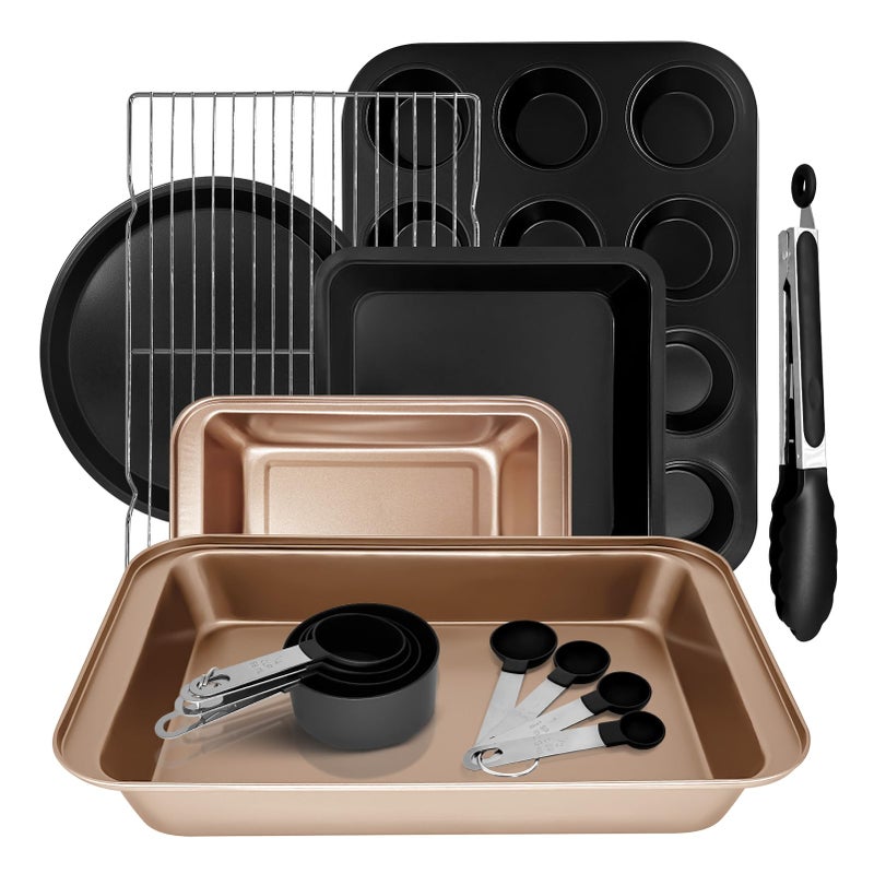 Dipanist 15pcs Nonstick Bakeware Set with Cooling Rack & Accessories, Baking Pan Set Includes Muffin Pan, Cake Pans, Loaf Pan, Baking Sheet, Measuring Cups & Tongs â€“ Oven Safe Metal Bakeware for Home Baking - Image 1