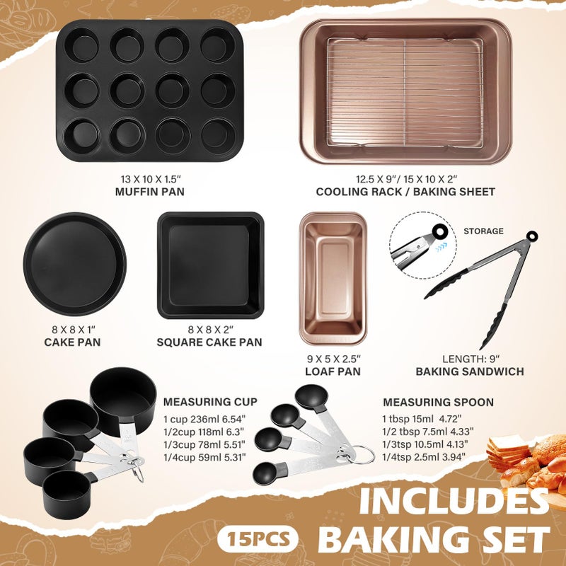 Dipanist 15pcs Nonstick Bakeware Set with Cooling Rack & Accessories, Baking Pan Set Includes Muffin Pan, Cake Pans, Loaf Pan, Baking Sheet, Measuring Cups & Tongs â€“ Oven Safe Metal Bakeware for Home Baking - Image 2