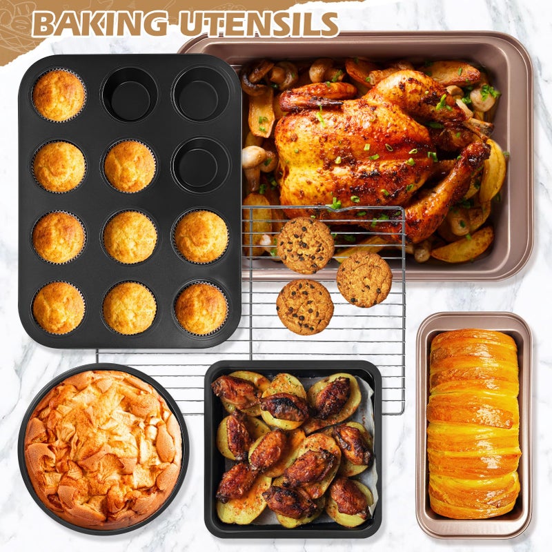 Dipanist 15pcs Nonstick Bakeware Set with Cooling Rack & Accessories, Baking Pan Set Includes Muffin Pan, Cake Pans, Loaf Pan, Baking Sheet, Measuring Cups & Tongs â€“ Oven Safe Metal Bakeware for Home Baking - Image 3