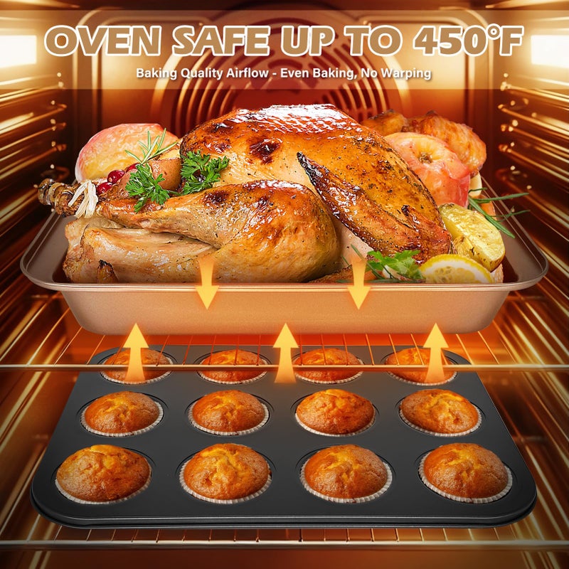 Dipanist 15pcs Nonstick Bakeware Set with Cooling Rack & Accessories, Baking Pan Set Includes Muffin Pan, Cake Pans, Loaf Pan, Baking Sheet, Measuring Cups & Tongs â€“ Oven Safe Metal Bakeware for Home Baking - Image 4