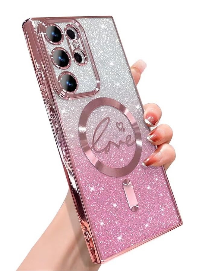 For Samsung Galaxy S23 Ultra Case Magnetic,for Women Girl Soft Cute Luxury Love Heart Plating Bling Gradient Glitter Phone Case Compatible with MagSafe Clear Shockproof Back Cover 6.8”(Pink) - Image 1