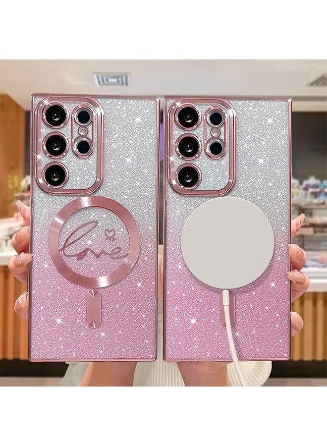 For Samsung Galaxy S23 Ultra Case Magnetic,for Women Girl Soft Cute Luxury Love Heart Plating Bling Gradient Glitter Phone Case Compatible with MagSafe Clear Shockproof Back Cover 6.8”(Pink) - Image 4
