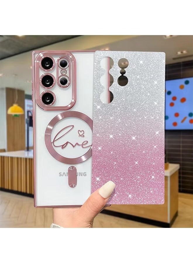 For Samsung Galaxy S23 Ultra Case Magnetic,for Women Girl Soft Cute Luxury Love Heart Plating Bling Gradient Glitter Phone Case Compatible with MagSafe Clear Shockproof Back Cover 6.8”(Pink) - Image 5