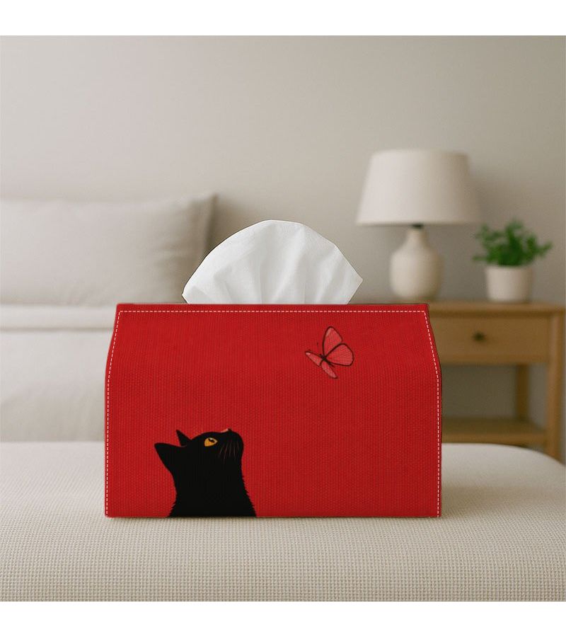 Minimalist Black Cat Tissue Box 18cm Red Butterfly Waterproof For Living Room - Image 5