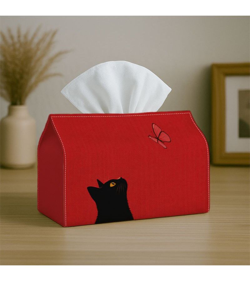 Minimalist Black Cat Tissue Box 18cm Red Butterfly Waterproof For Living Room - Image 4