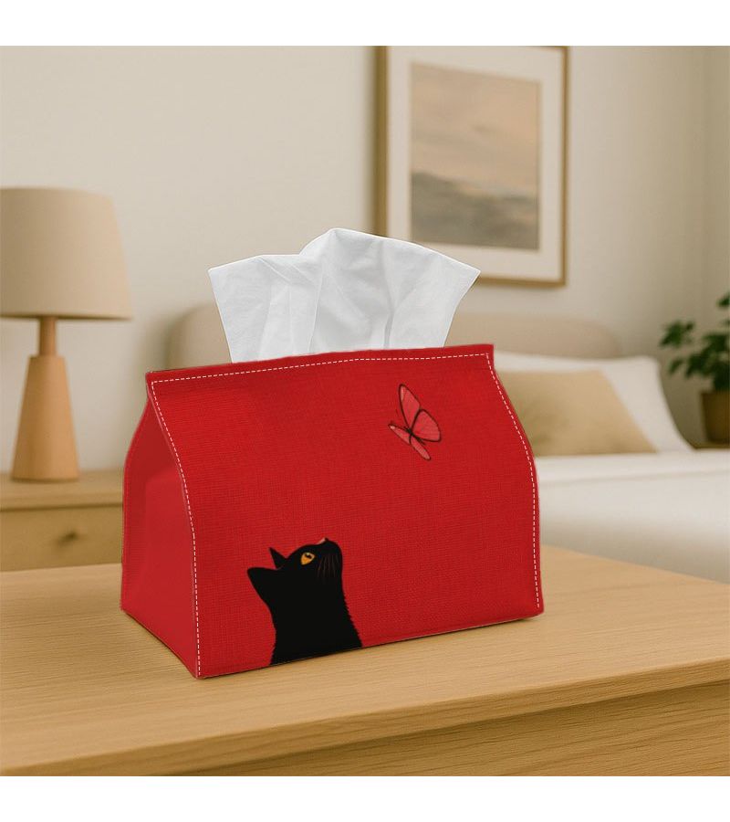 Minimalist Black Cat Tissue Box 18cm Red Butterfly Waterproof For Living Room - Image 1
