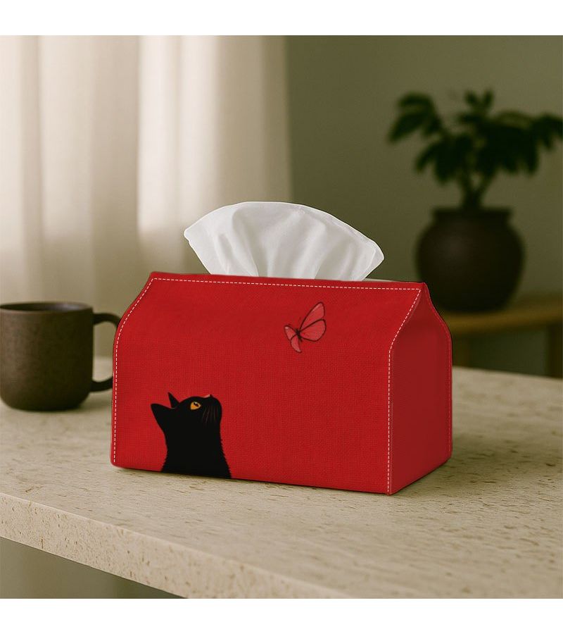 Minimalist Black Cat Tissue Box 18cm Red Butterfly Waterproof For Living Room - Image 2