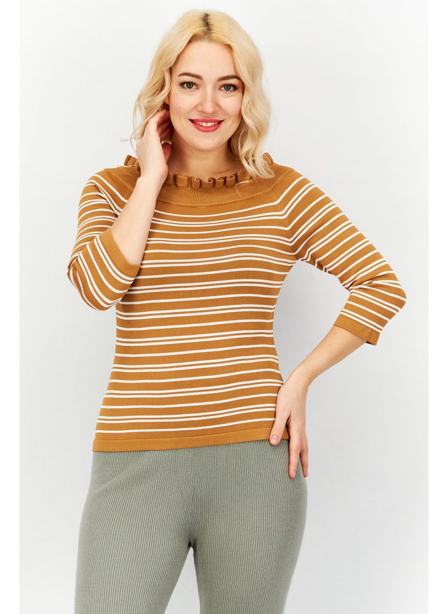 Women Boat Neck 3/4 Sleeve Stripe Sweater, Brown/White - pzsku/Z4AC9E728B32A1AC0A3BFZ/45/_/1724351224/b683b5cb-266d-4194-8a03-949bee6abb66