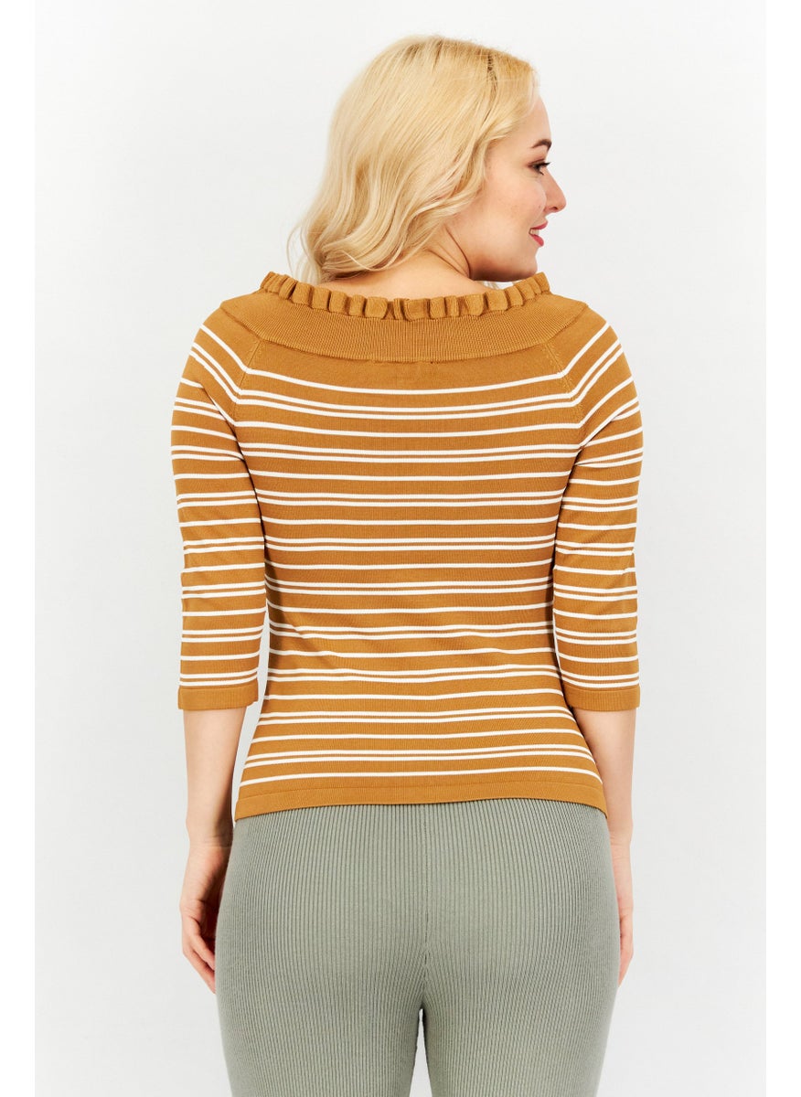 Women Boat Neck 3/4 Sleeve Stripe Sweater, Brown/White - pzsku/Z4AC9E728B32A1AC0A3BFZ/45/_/1724351240/4ab768fa-0797-4c92-9653-5805842efe8d