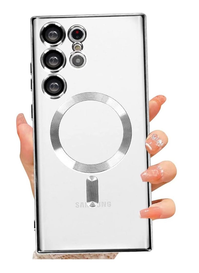 Raxoom Magnetic Clear Case for Samsung Galaxy S23 Ultra 5G with Camera Lens Protector, Compatible with MagSafe, Electroplated Slim Shockproof Phone Protective Cover for Women Men (Silver) - Image 1