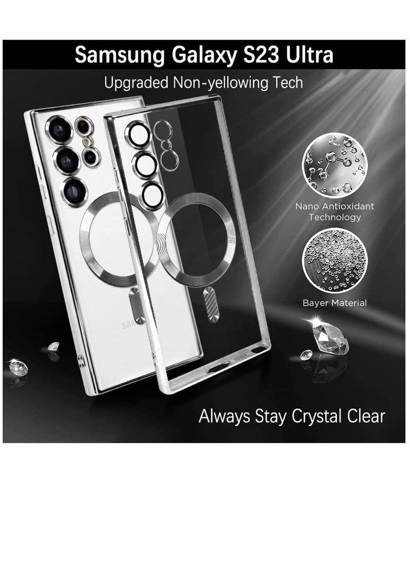 Raxoom Magnetic Clear Case for Samsung Galaxy S23 Ultra 5G with Camera Lens Protector, Compatible with MagSafe, Electroplated Slim Shockproof Phone Protective Cover for Women Men (Silver) - Image 2