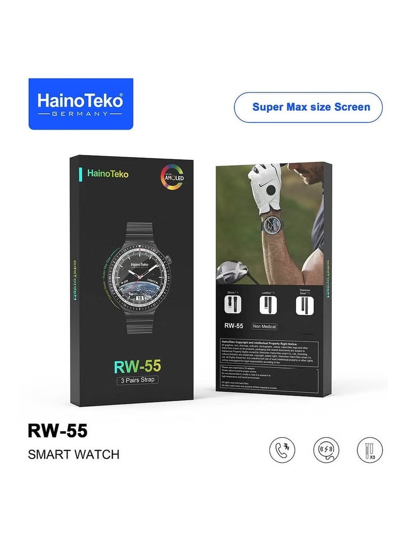 Haino Teko Haino Teko RW-55 Smartwatch – Curved AMOLED Display, 3 Interchangeable Straps & USB Charging Cable (Black) - Image 1