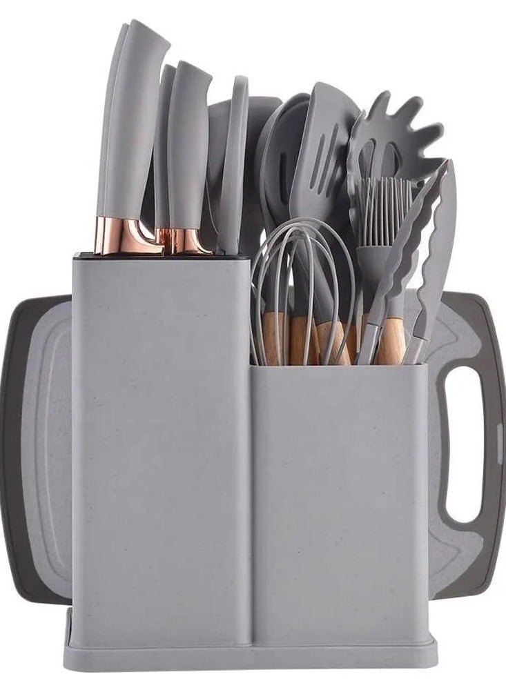 19-Piece Kitchen Knife and Cooking Utensils Set | Heat-Resistant Silicone & Wooden Handles | Non-Stick Tools - Image 1