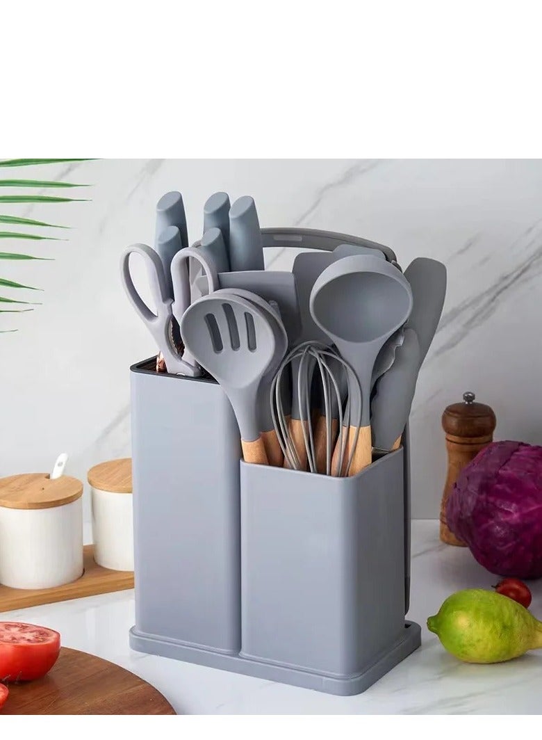 19-Piece Kitchen Knife and Cooking Utensils Set | Heat-Resistant Silicone & Wooden Handles | Non-Stick Tools - Image 3