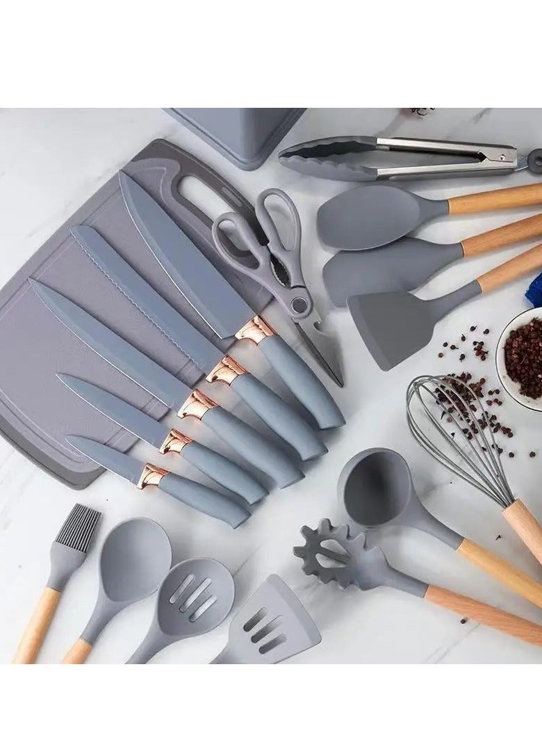 19-Piece Kitchen Knife and Cooking Utensils Set | Heat-Resistant Silicone & Wooden Handles | Non-Stick Tools - Image 2