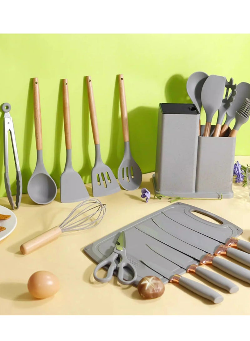 19-Piece Kitchen Knife and Cooking Utensils Set | Heat-Resistant Silicone & Wooden Handles | Non-Stick Tools - Image 5