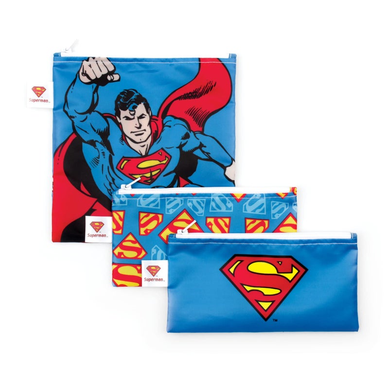 Bumkins Reusable Sandwich and Snack Bags for Kids School Lunch and for Adults Portion Washable Fabric Waterproof Cloth Zip Bag Travel Pouch FoodSafe Storage 3pk DC Comics Superman
