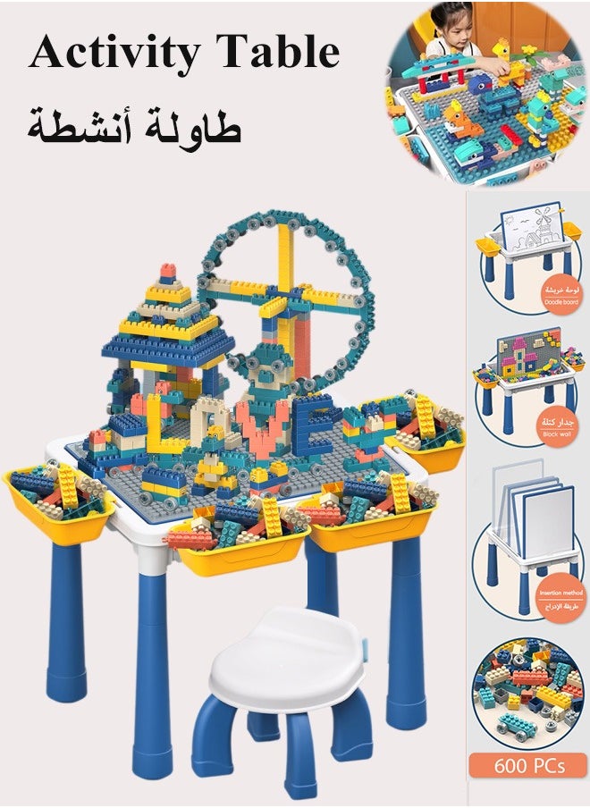 4-In-1 Multi Activity Table Set, Kids Building Blocks Table With 600 blocks, Learning Play Table Toys, Multi-Functional Educational Block Table, Activity Table and Chair Set with Storag, Activity Table With Lacquer Board And Drawing Board, 4 Storage Boxes 4 Aadjustable Table Legs, Gift for Kids 3+ Years