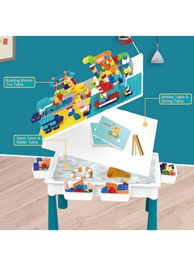 4-In-1 Multi Activity Table Set, Kids Building Blocks Table With 600 blocks, Learning Play Table Toys, Multi-Functional Educational Block Table, Activity Table and Chair Set with Storag, Activity Table With Lacquer Board And Drawing Board, 4 Storage Boxes 4 Aadjustable Table Legs, Gift for Kids 3+ Years