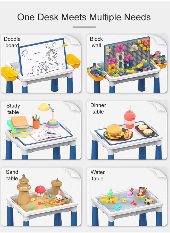 4-In-1 Multi Activity Table Set, Kids Building Blocks Table With 600 blocks, Learning Play Table Toys, Multi-Functional Educational Block Table, Activity Table and Chair Set with Storag, Activity Table With Lacquer Board And Drawing Board, 4 Storage Boxes 4 Aadjustable Table Legs, Gift for Kids 3+ Years