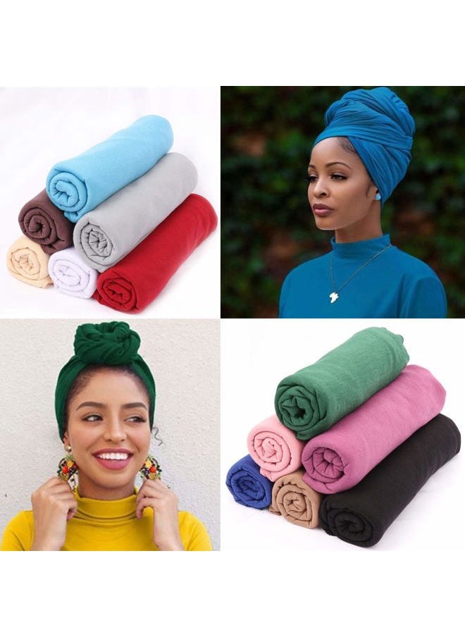 Messen 12 Pieces Head Wrap Scarf Stretch Jersey Turban Extra Long Ultra Soft Urban Headwraps for Women Solid Color African Headwear Headband Tie (Set 01)  - Image 4