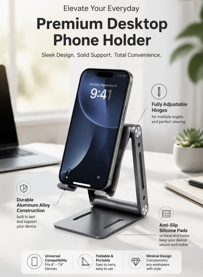 Vierex Universal Aluminum Desk Phone Stand, Multi-Angle Adjustable Foldable Cradle Holder Bracket for Smartphones, E-Readers and Mini Tablets - Image 2