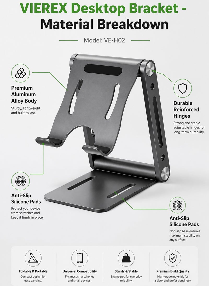 Vierex Universal Aluminum Desk Phone Stand, Multi-Angle Adjustable Foldable Cradle Holder Bracket for Smartphones, E-Readers and Mini Tablets - Image 5