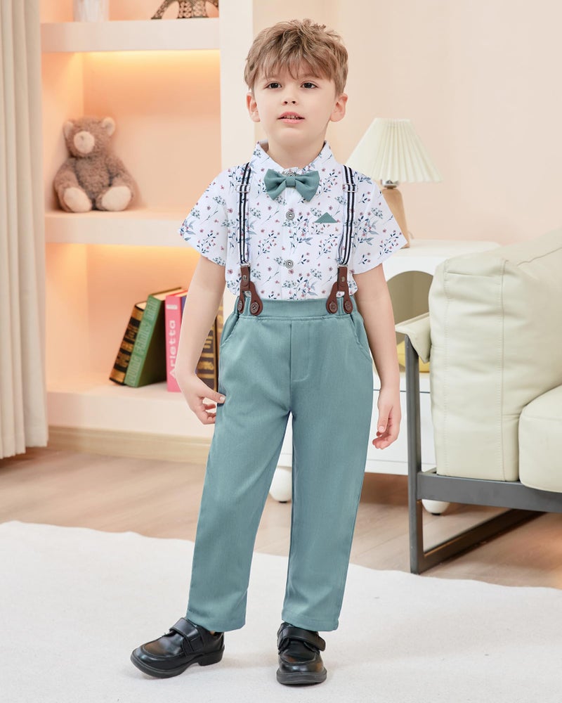 DISAUR Matching Family Outfits Short Sleeve White Flower Dress Shirt Bow Tie Suspender Green Pants Boys Church Outfit 4t 5t 4-5t - Image 3