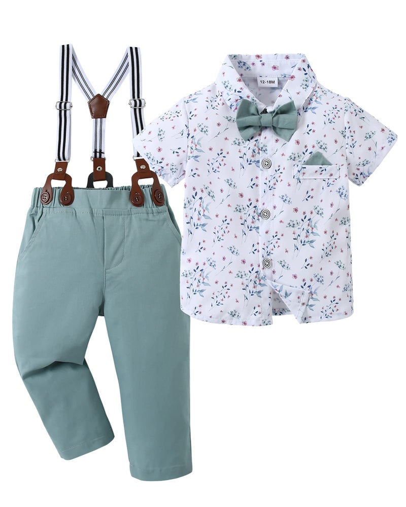DISAUR Matching Family Outfits Short Sleeve White Flower Dress Shirt Bow Tie Suspender Green Pants Boys Church Outfit 4t 5t 4-5t - Image 1