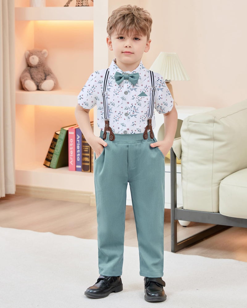 DISAUR Matching Family Outfits Short Sleeve White Flower Dress Shirt Bow Tie Suspender Green Pants Boys Church Outfit 4t 5t 4-5t - Image 2