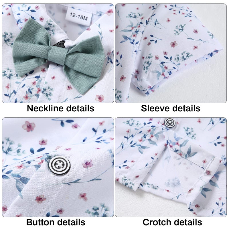 DISAUR Matching Family Outfits Short Sleeve White Flower Dress Shirt Bow Tie Suspender Green Pants Boys Church Outfit 4t 5t 4-5t - Image 5
