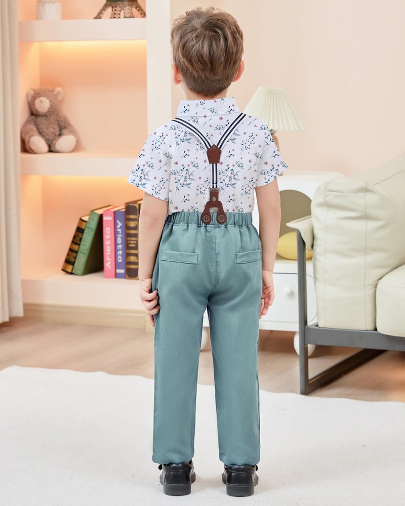 DISAUR Matching Family Outfits Short Sleeve White Flower Dress Shirt Bow Tie Suspender Green Pants Boys Church Outfit 4t 5t 4-5t - Image 4