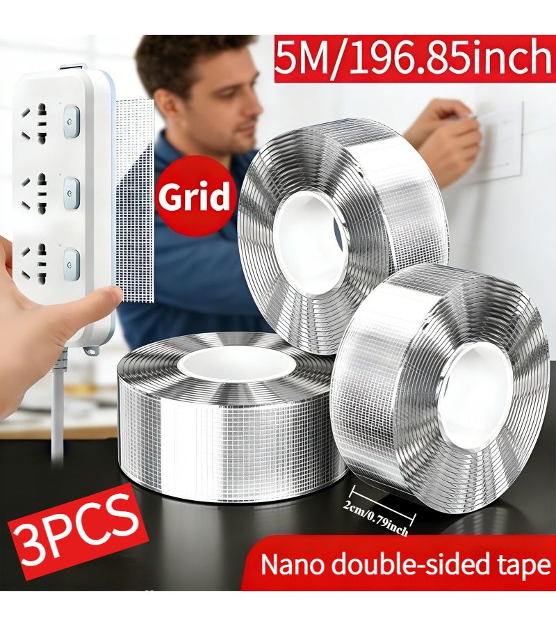 3 Rolls Transparent 196.85inch Nano Double Sided Tape High Strength Removable for Home Office - Image 1