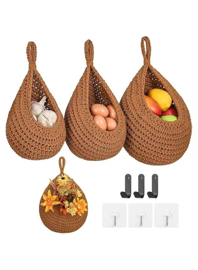 HOOKOR Hanging Fruit Baskets for Kitchen, 3 Pack Boho Wall Hanging Fruit Baskets for Kitchen with 6 Pcs Strong Hooks, Vegetable Hanging Basket for Organizing Teardrop Home Wall Potato Onion (Caramel) - Image 1