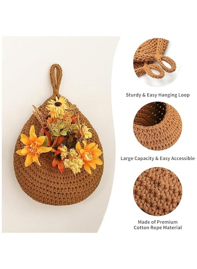 HOOKOR Hanging Fruit Baskets for Kitchen, 3 Pack Boho Wall Hanging Fruit Baskets for Kitchen with 6 Pcs Strong Hooks, Vegetable Hanging Basket for Organizing Teardrop Home Wall Potato Onion (Caramel) - Image 2