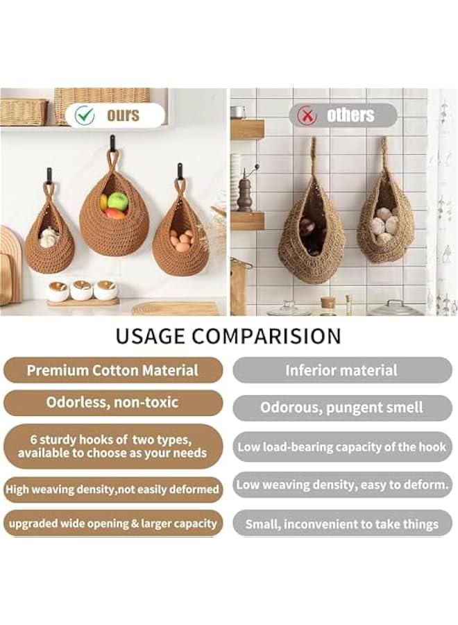 HOOKOR Hanging Fruit Baskets for Kitchen, 3 Pack Boho Wall Hanging Fruit Baskets for Kitchen with 6 Pcs Strong Hooks, Vegetable Hanging Basket for Organizing Teardrop Home Wall Potato Onion (Caramel) - Image 3